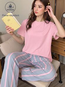 青少年女孩休閒甜美風極簡對比色條紋圓領短袖長褲家居服套裝，適合日常居家穿著，舒適自在，休閒穿搭，時尚女孩風 - 彩色 - 查看 1