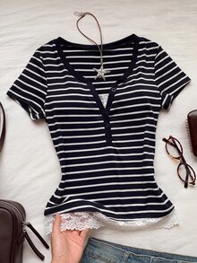 Comfortcana Women's Lace Patchwork Striped Button Half-Placket T-Shirt - Black - View 5