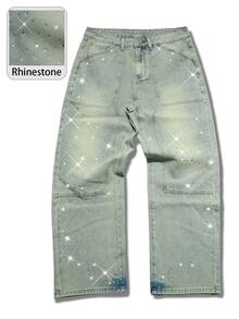 Manfinity EMRG Men's Streetwear Retro Washed Rhinestone Design Straight Leg Denim Jeans - Light Wash - View 3