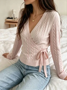 Autumina Pink Cable Knit V-Neck Tie-Front Fashion Simple Versatile Commute Elegant Cardigan For Women - Baby Pink - View 7