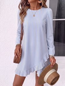 SHEIN LUNE Vacation Casual Striped Ruffle Hem Dress - Multicolor - View 3