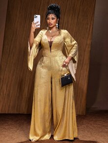 Maweii Plus Size Women's Metallic Texture Bell Sleeve Wide Leg Jumpsuit - Gold - View 5