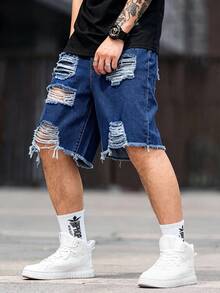 Manfinity LEGND Men's Summer Casual Washed Distressed Denim Shorts - Medium Wash - View 5