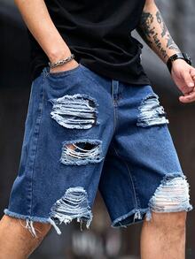 Manfinity LEGND Men's Summer Casual Washed Distressed Denim Shorts - Medium Wash - View 1