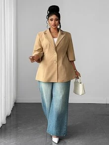 Maweii Plus Size Women's 5-Sleeve Metal Button Blazer - Khaki - View 3