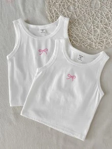SHEIN 女童春夏細肩帶上衣與短褲套裝 2 件組 素色/多色內衣套裝，四季適用 - 白色 - 查看 4