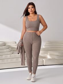 Solflare 大尺碼女款純色長袖前拉鍊短版上衣與內搭褲休閒套裝 - 摩卡棕 - 查看 7