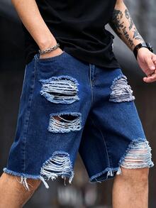 Manfinity LEGND Men's Pocket Distressed Button Versatile Denim Shorts - Dark Wash - View 1