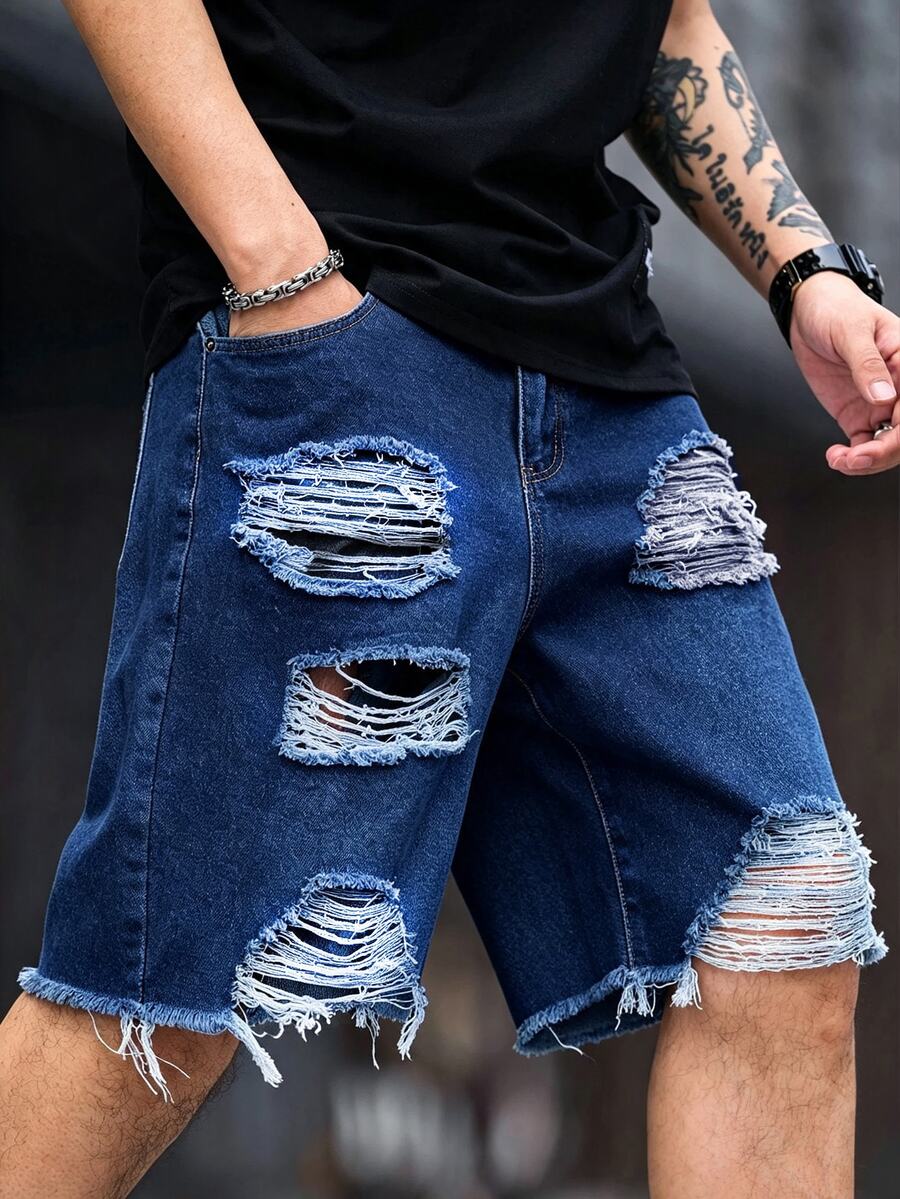 Manfinity LEGND Men's Pocket Distressed Button Versatile Denim Shorts - Dark Wash - View 1