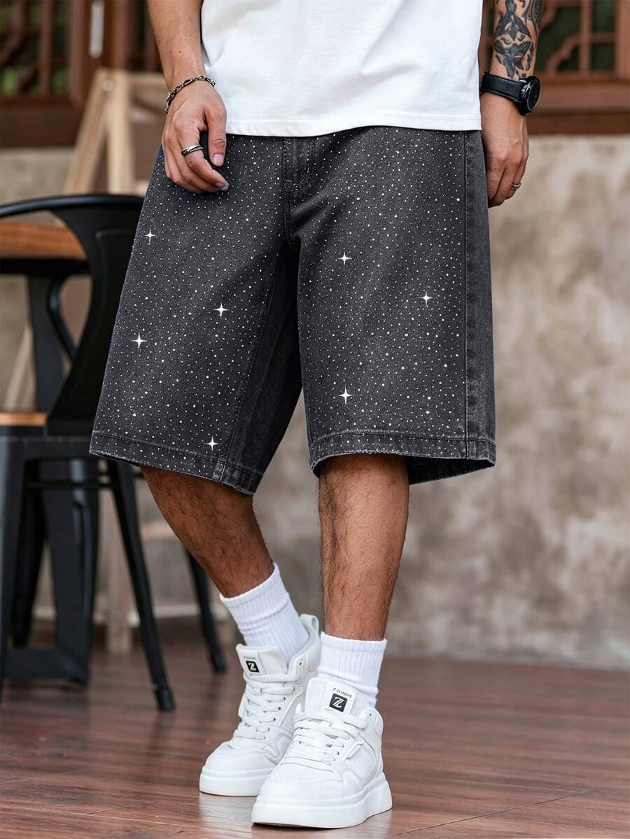Manfinity EMRG Men's Loose Fit Rhinestone Embellished Denim Wide Leg Shorts With Pockets - Light Grey - View 1