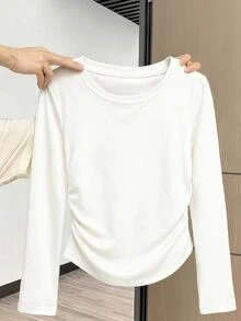Resyla Women's Casual Versatile Solid Color Ruched Long Sleeve T-Shirt - Multicolor - View 1