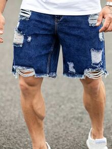 Slateforde Loose Fit Men's Cotton Ripped Frayed Raw Trim Denim Shorts - Dark Wash - View 1
