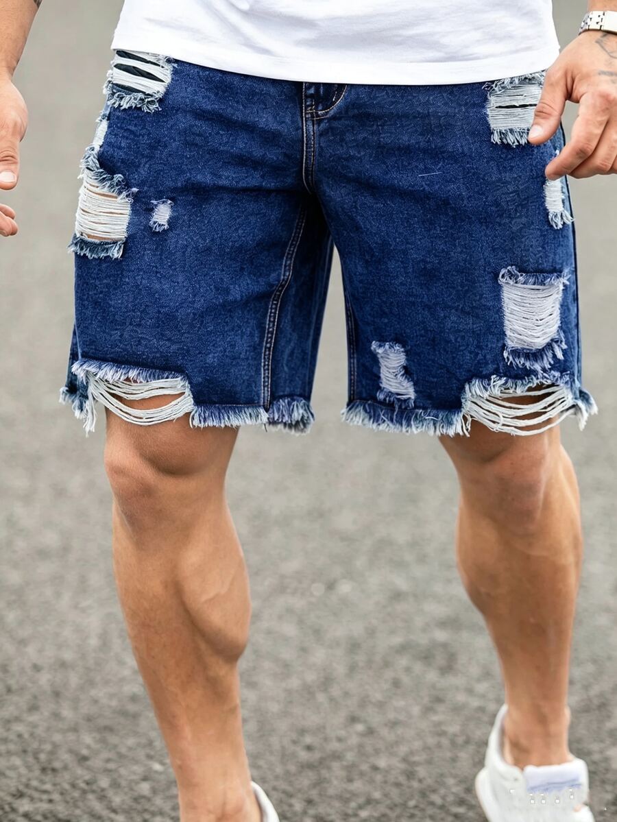 Slateforde Loose Fit Men's Cotton Ripped Frayed Raw Trim Denim Shorts - Dark Wash - View 1