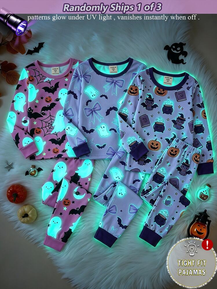 [Random 1 Set]Girls' Halloween UV Light Glow-In-The-Dark Cartoon Fun Style Print Black & Orange Ghost Pumpkin Cat Bat Cute Print Pattern Crew Neck Pullover Long Sleeve Pants Knit Fabric Comfortable Soft High Elasticity Slim Fit Loungewear 2 Pieces Pajama Set - Multicolor - View 5