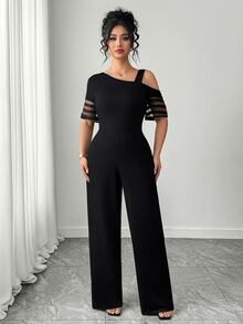 Selianne Women's Elegant One-Shoulder Short Sleeve Fitted Jumpsuit, Commute/Romantic/Vintage - Black - View 5