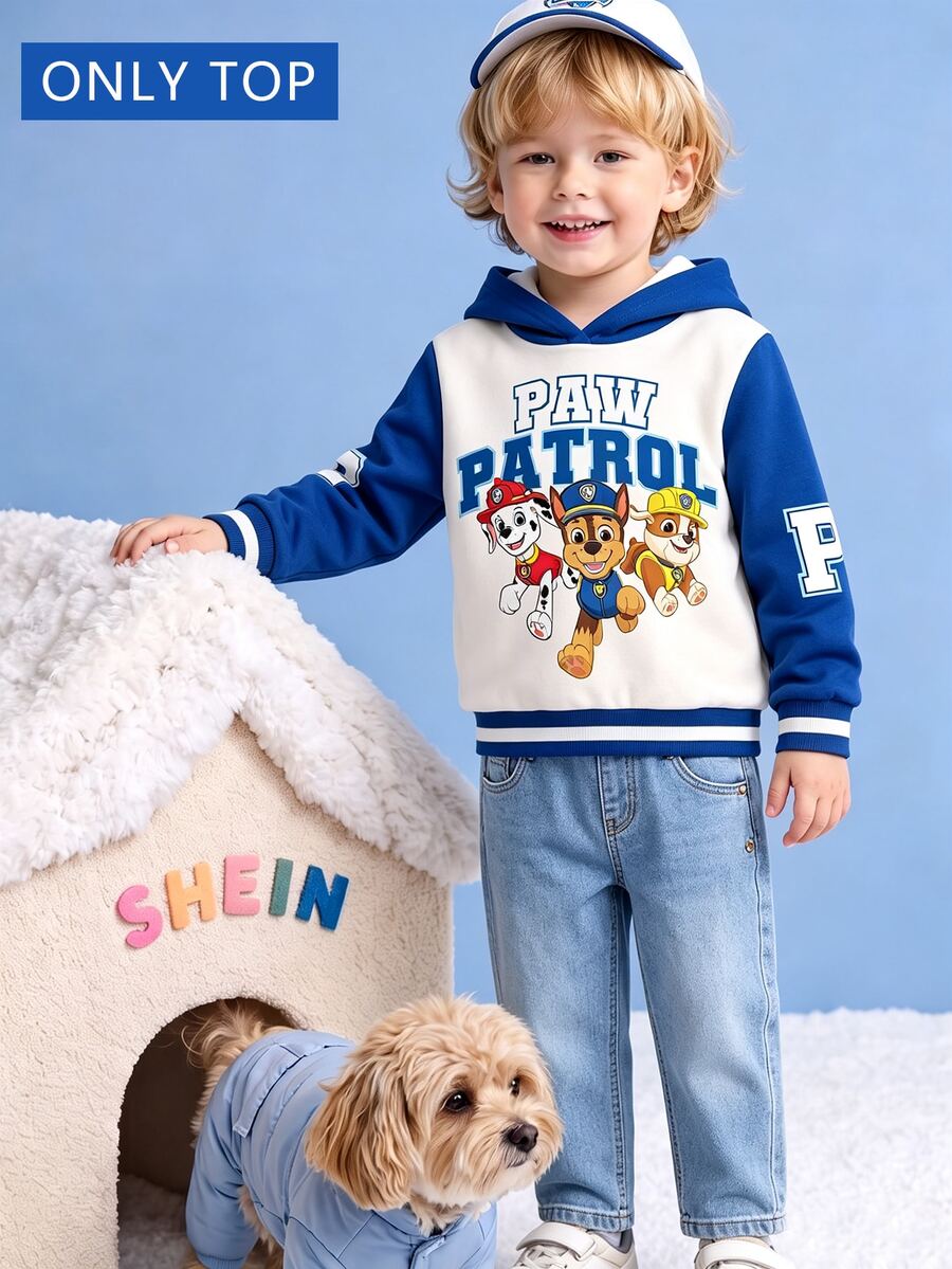 SHEIN | PAW Patrol 小男孩白色與藍色拼接卡通小狗印花寬鬆版型春秋運動連帽衛衣 - 藍色 - 查看 1