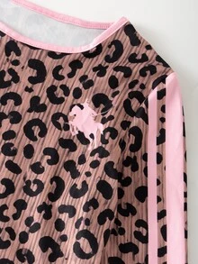 青少年女孩 2件組 Y2K 豹紋長袖 T-shirt 與粉色側條紋寬腿工裝褲，附翻蓋口袋，甜酷風外出套裝 - 彩色 - 查看 4
