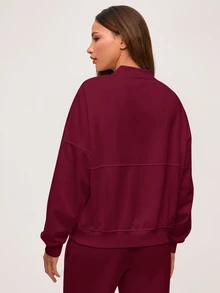 SHEIN BASICS 女款休閒純色針織立領長袖寬鬆外套，秋冬衣物 - 酒紅色 - 查看 2