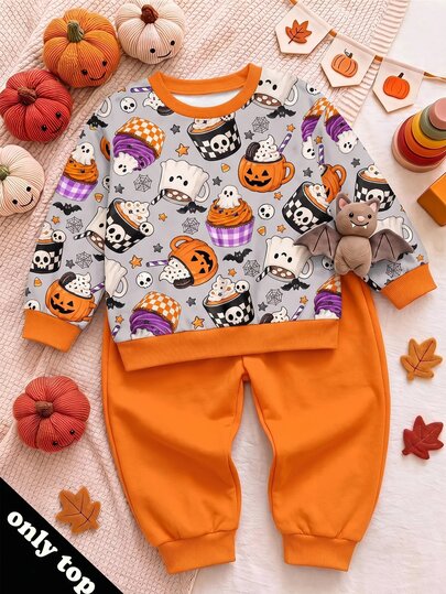 Baby Boys Round Neck Casual Pullover Sweatshirt, Classic Halloween Pattern Print, Spider, Pumpkin Head, Ghost, Teacup Elf, Bat, Spider, Skull, Star Pattern Print, Suitable For Autumn/Winter, Suitable For Holiday Parties