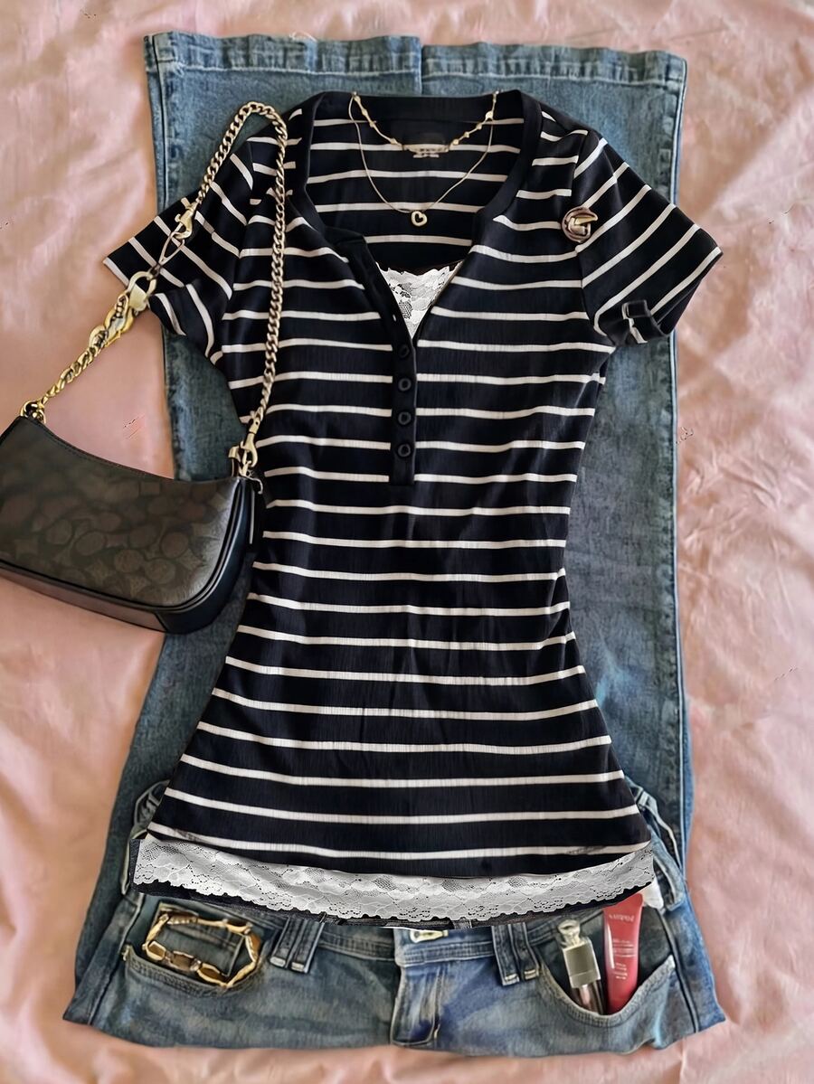 Comfortcana Women's Lace Patchwork Striped Button Half-Placket T-Shirt - Black - View 1