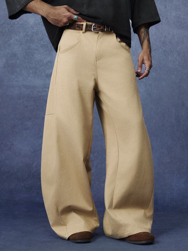 PAVTROS Men's Khaki Long Pants, American Vintage Minimalist Long Pants, Casual Pants, Loose Wide Leg Pants