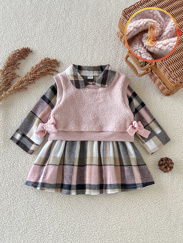 SHEIN 2pcs/Set Baby Girl Pink Fleece Lined Sleeveless Bow Vest Top + Plaid Collar Long Sleeve Shirt Dress Skirt A-Line Waist-Cinching Casual Cute Sweet Fashion Elegant Korean Style Outfit, Suitable For Spring And Autumn Daily Wear, Travel, Vacation, Party And Other Occasions