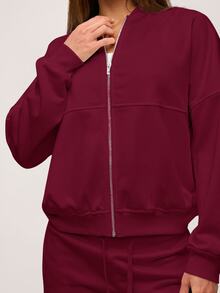 SHEIN BASICS 女款休閒純色針織立領長袖寬鬆外套，秋冬衣物 - 酒紅色 - 查看 6