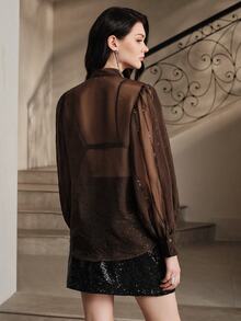 Anewsta Blus lengan panjang model puff semi-transparan warna cokelat kopi untuk musim gugur, dilengkapi tali pengikat dan pita, cocok untuk kencan, pesta, acara kumpul-kumpul, dan pemakaian sehari-hari untuk wanita. - Coklat - View 2