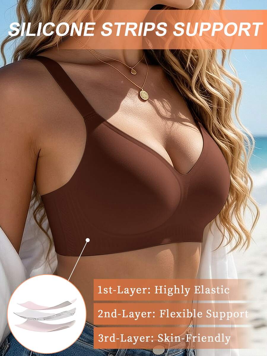 SHEIN 1 buah Bra Wanita Minimalis Nyaman Tanpa Jahitan Bahan Jelly Glue Tanpa Kawat dengan Bantalan yang Dapat Dilepas - Coffee Brown - View 1