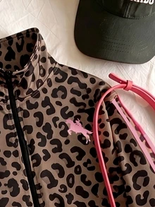 Tween Girls 2pcs Leopard Print Sweatshirt Set, Loose Collar Zip-Up Sweatshirt + Long Sweatpants, Fashionable Spring/Autumn/Winter New Arrival, Girls Outerwear Set - Multicolor - View 4