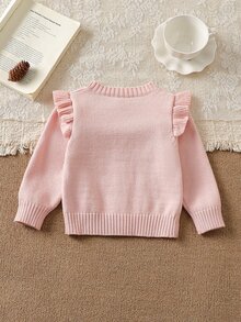 SHEIN Elladie kids 女嬰開襟針織圓領開衫毛衣，純色粉色，甜美田園風，優雅可愛舒適簡約，百搭休閒時尚，適合秋冬冬季、旅行、戶外玩耍、運動、上學、野餐 - 粉色 - 查看 2