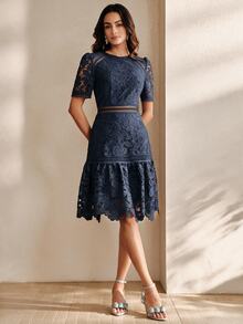 Anewsta New Party Summer Vacation Outfit Round Neck Short Sleeve Hollow Patchwork A-Line Skirt Exquisite Water-Soluble Lace Holiday Gathering Afternoon Tea Elegant Women's Dress - Navy Blue - View 3