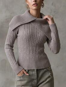 SHEIN Sweater Pullover Rajut Kabel Pas Badan Wanita, Elegan, Canggih, dan Romantis, Cocok untuk Pemakaian Sehari-hari, Kencan, dan Perjalanan. - Volcanic Gray - View 5