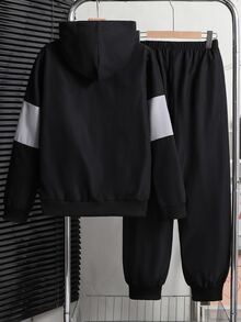 Vacaura 男童秋冬連帽運動服套裝，拼色拉鍊外套 + 條紋收口長褲，休閒寬鬆兩件式穿搭，日常穿著運動風青少年男孩服飾 - 彩色 - 查看 2