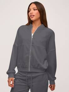SHEIN BASICS 休閒純色針織立領長袖寬鬆女款夾克 秋冬服飾 - 深灰色 - 查看 4
