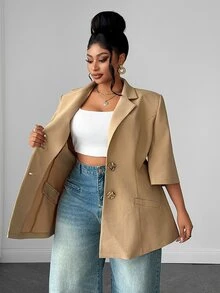 Maweii Plus Size Women's 5-Sleeve Metal Button Blazer - Khaki - View 5