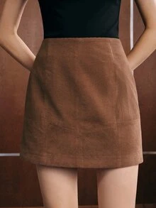 Anewsta Women's Brown Corduroy Geometric Striped Design Patchwork Autumn/Winter Skirt - Brown - View 3