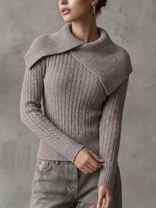 SHEIN Sweater Pullover Rajut Kabel Pas Badan Wanita, Elegan, Canggih, dan Romantis, Cocok untuk Pemakaian Sehari-hari, Kencan, dan Perjalanan. - Volcanic Gray - View 4