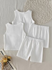SHEIN 女童春夏細肩帶上衣與短褲套裝 2 件組 素色/多色內衣套裝，四季適用 - 白色 - 查看 2
