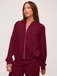 SHEIN BASICS 女款休閒純色針織立領長袖寬鬆外套，秋冬衣物 - 酒紅色 - 查看 4