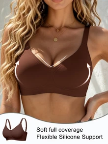 SHEIN 1件女款極簡舒適無縫果凍膠無鋼圈內衣，可拆卸胸墊 - 咖啡棕 - 查看 4