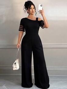 Selianne Women's Elegant One-Shoulder Short Sleeve Fitted Jumpsuit, Commute/Romantic/Vintage - Black - View 3