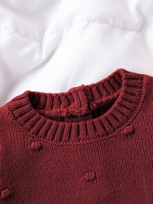 SHEIN 新生兒毛衣爬行衣 時尚可愛百搭 新生兒毛衣連身衣 蓬蓬連腳連身褲 適合戶外穿著 - 酒紅色 - 查看 4