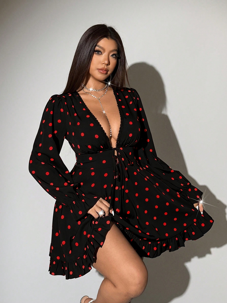 Viva Relle Plus Size Women Deep V Neck Front Tie Long Sleeve Polka Dot Dress - Red - View 3