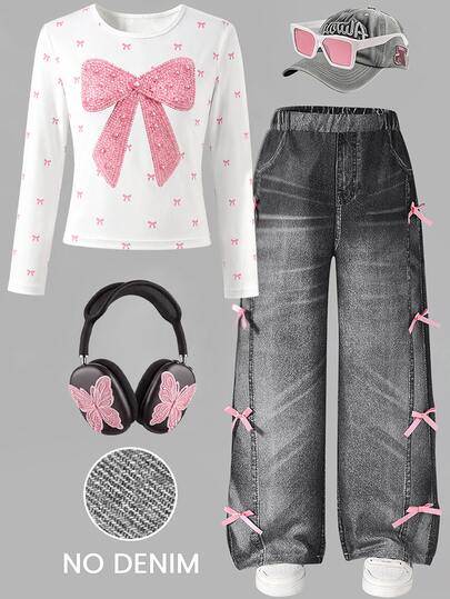 Tween Girls Y2K Sweet-Cool 2 Pieces Outfits Pink Bow Printed Crew Neck Long-Sleeve Tee + Dark Grey Wide-Leg Pants With Simulated Prints & Bow Details