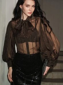 Anewsta Blus lengan panjang model puff semi-transparan warna cokelat kopi untuk musim gugur, dilengkapi tali pengikat dan pita, cocok untuk kencan, pesta, acara kumpul-kumpul, dan pemakaian sehari-hari untuk wanita. - Coklat - View 5