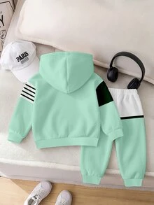2件組嬰兒/幼童男童休閒清新綠色拼色拼接騎士Logo印花復古滿版印花抓絨連帽衛衣與配套印花拼色拼接長褲套裝，運動戶外休閒，開學季，適合秋冬 - 彩色 - 查看 2