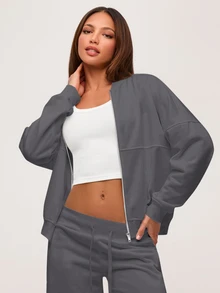 SHEIN BASICS 休閒純色針織立領長袖寬鬆女款夾克 秋冬服飾 - 深灰色 - 查看 1