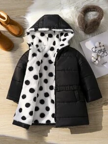 SHEIN 女童粉色雷射漸層愛心加厚加絨中長版連帽收腰夾克外套 - 黑色 - 查看 1