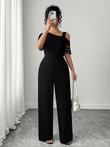 Selianne Women's Elegant One-Shoulder Short Sleeve Fitted Jumpsuit, Commute/Romantic/Vintage - Black - View 4